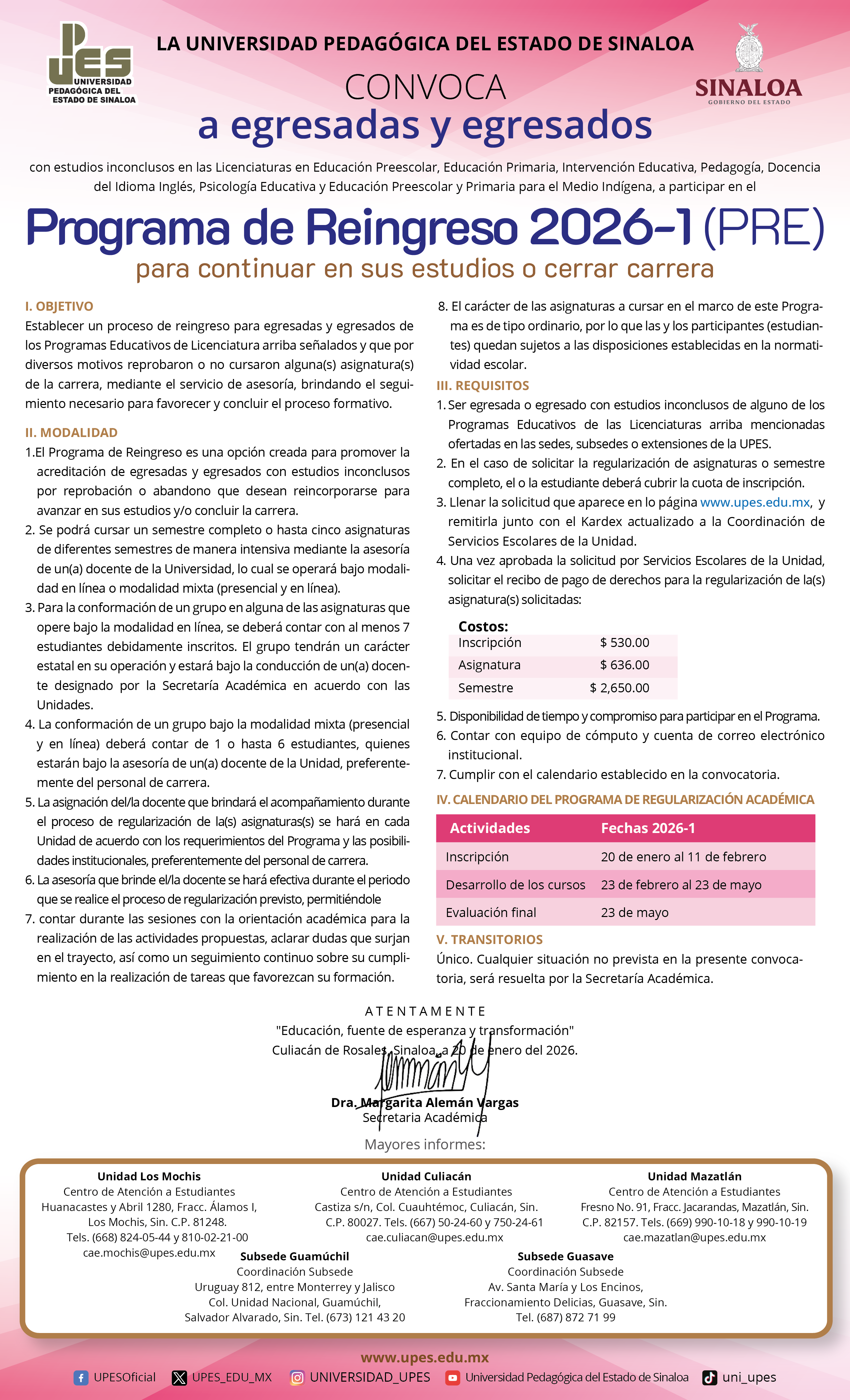 Convocatoria Reingreso